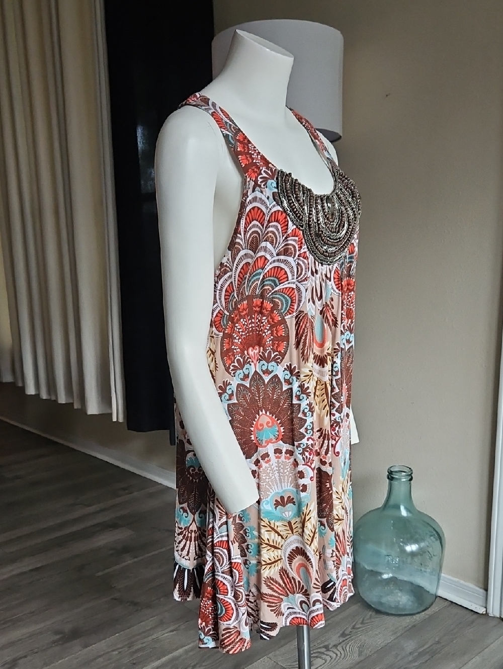 4/$20Boho Beaded Scoop Neck Tunic Top | Turquoise & Brown Paisley | Plus Size 18 - Picture 3 of 7